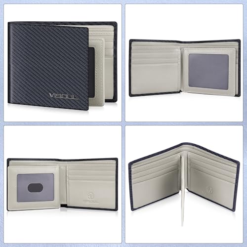 Mens Carbon Fiber Leather Bifold Wallet with 2 ID Windows (Black+Light Gray)