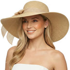 Women Wide Brim Bow Straw Hat Floppy Foldable Beach Sun Hat Roll up Cap UPF 50+ (Khaki /Normal Edge)