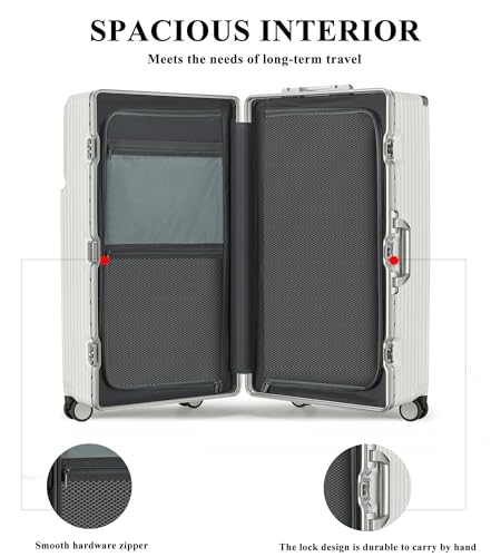 Super Large Aluminum Frame Zipperless Checked Luggage Front Pocket (B4-Ivory White / 30in)