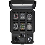6 Slot Leather Watch Box with Valet Drawer (6 Slot - Black / Grey)