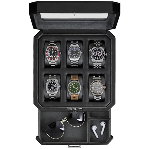6 Slot Leather Watch Box with Valet Drawer (6 Slot - Black / Grey)