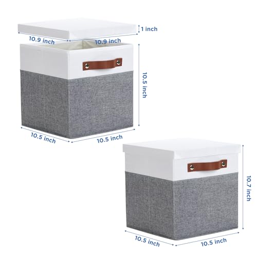 Foldable Fabric Storage Bins with Lids (10.5×10.5×10.5 / White&Grey)