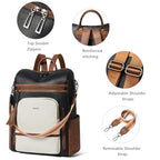 Vegan Leather Laptop Backpack for Women 15.6 inch Work Backpack Fashion Travel Backpack Purse for Business College (Black With Brown and White)