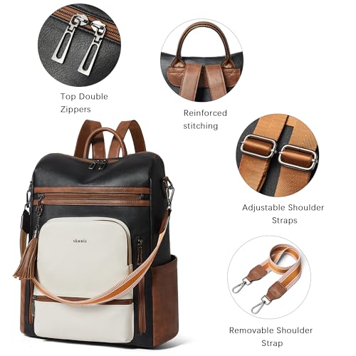 Vegan Leather Laptop Backpack for Women 15.6 inch Work Backpack Fashion Travel Backpack Purse for Business College (Black With Brown and White)