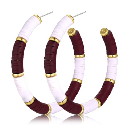 Game Day Earrings Football Baseball Earrings for Women Sports Team Heishi Hoop Earring Football Accessories Outfits Cheer Mom Essentials Fall Sports Must Haves Cheer Gifts (Burgundy White)