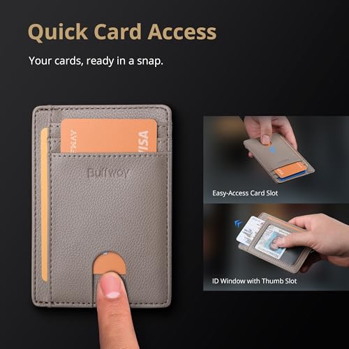 Slim Minimalist Front Pocket RFID Blocking Leather Wallets for Men and Women (Small / Lichee Khaki)