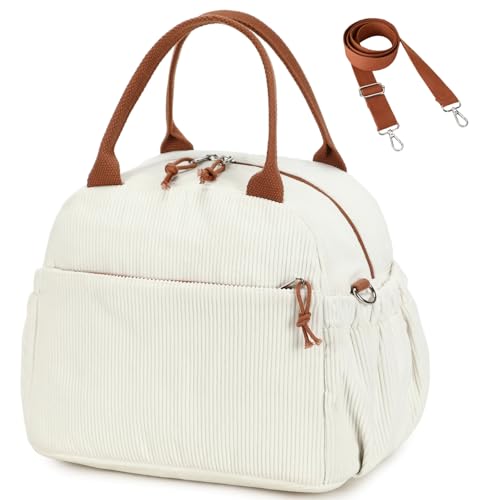 Lunch Bag for Women Men Cute Corduroy Lunch Tote Bags Reusable Insulated Lunch Box Large Capacity Reusable Insulated Cooler for Work Picnic or Travel (Corduroy White brown-13L / 13L)