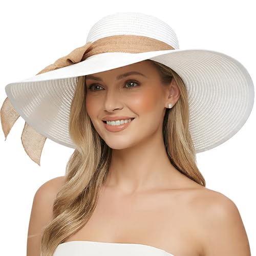 Womens Big Bowknot Straw Hat Foldable Sun Hats Floppy Beach Hat Large Roll up Cap UPF 50+ (White With Khaki Band/ 5.5" Brim, 1 Pack)