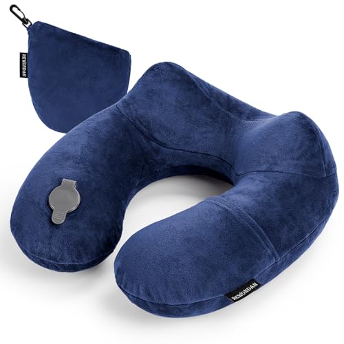 Inflatable Travel Pillow for Sleeping Airplane (Navy Blue / M-Shape)