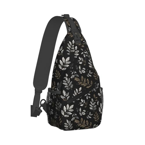 Sling Bag Boho Black Leaf Pattern Hiking Daypack Crossbody Shoulder Backpack Travel Chest Pack for Men Women (B0167)