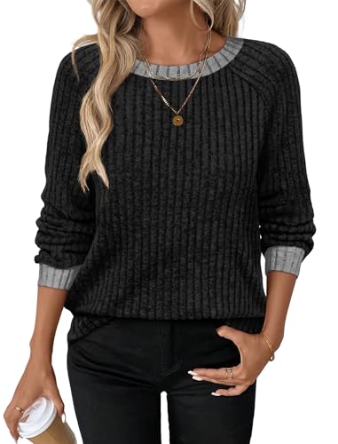 Fall Outfits for Women 2026 Black Long Sleeve Shirts for Women Casual Tops Trendy Womens Sweaters Lightweight Fashion Winter Clothing Business Dressy Crewneck Knit Color Block XL (X-Large / 02-black)