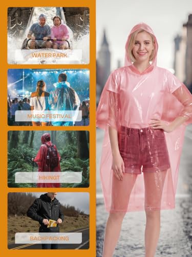 Disposable Adult Rain Ponchos Clear Emergency Raincoat (One Size / Clear Red 4)