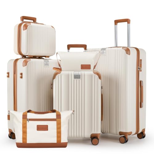 Luggage Set 6 Piece Luggage with PC+ABS Hardshell TSA Lock Spinner Wheels Carry on Lightweight Suitcase Cup Holder (Beige / 6 piece sets（14/20/24/28/DB/TB）)