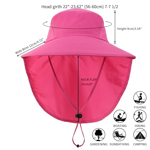 Outdoor UPF50+ Sun Hat Wide Brim Mesh Fishing Hat with Neck Flap Beach Hat Large Brim Safari Hat (Large-X-Large / Rose Red)