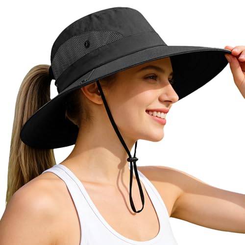 Ponytail Sun Bucket Hats for Women UV Protection Foldable Wide Brim (1 Pack-black)