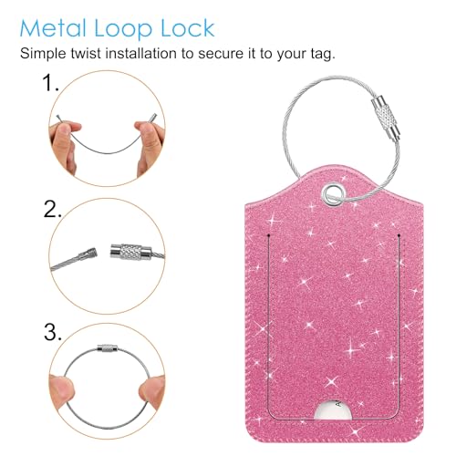 Luggage Tags Privacy Cover ID Label with Stainless Steel Loop and Address Card for Travel Bag Suitcase (Sparkling Rose Red)