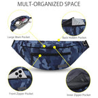 Large Fanny Pack Cross Body Bag Camo Belt Bag with Headphone Jack (Camo Gray Blue / Large)