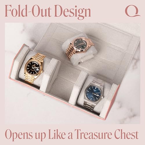 Ladies Leather Watch Roll Travel Case for 3 Watches (3 - Woven Pink / Gray)