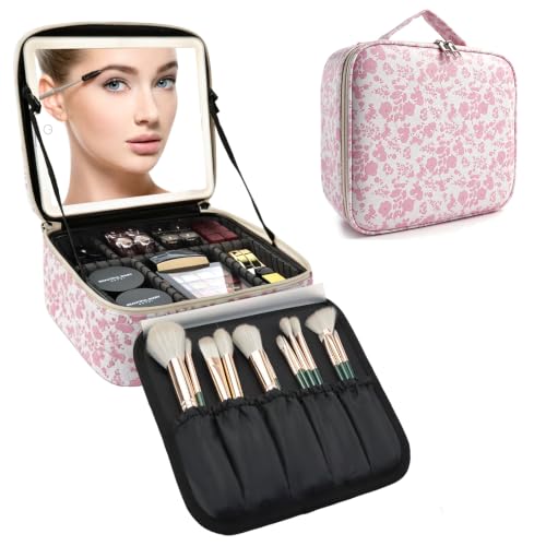 Travel Makeup Bag with LED Mirror Toiletry Bag for women with 3 Lighted Settings (Red Flower / With LED Mirror Only)