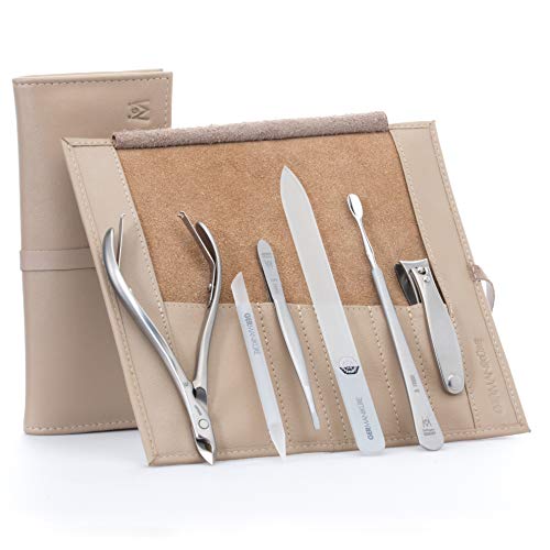 6pc Manicure & Pedicure Set (6-Pc: Clipper, Nipper, Cuticle Pusher / Beige Leather Roll)