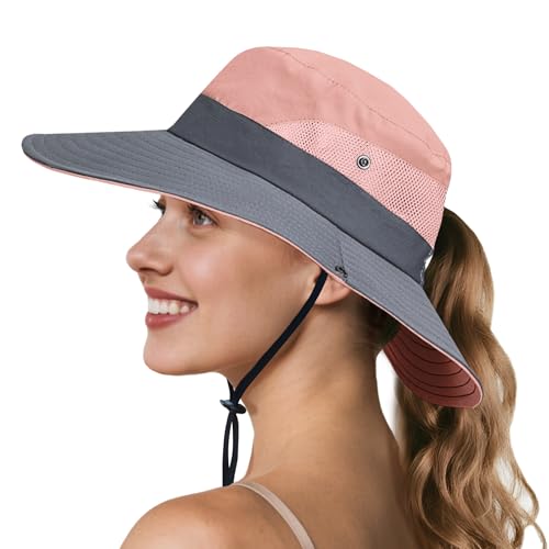Ponytail Sun Hats for Women UPF 50+ Pink (One Size / Pink/Grey(ponytail Hole))
