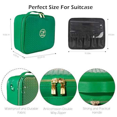 Travel Makeup Bag Cosmetic Bag Makeup Organizer Bag with Lighted Mirror (Fresh Green / Woven)