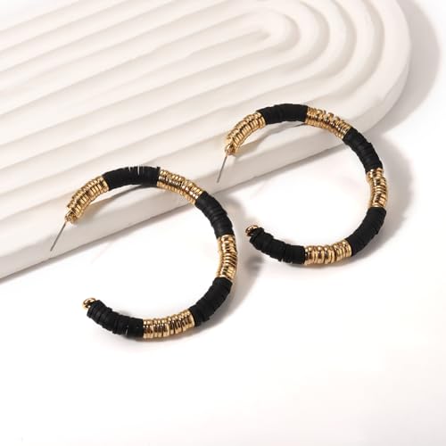 Game Day Earrings Football Baseball Earrings for Women Sports Team Heishi Hoop Earring Football Accessories Outfits Cheer Mom Essentials Fall Sports Must Haves Cheer Gifts (Black Gold)