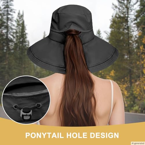 Sun Hats for Women Wide Brim Ponytail UV Protection Beach Hat Packable Waterproof Bucket Hat for Travel Hiking Gardening (Black)