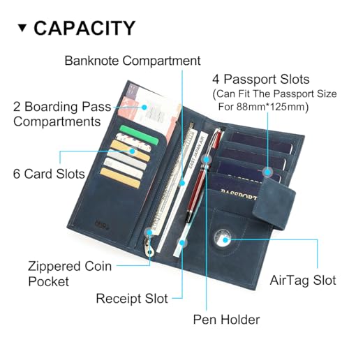 Full Grain Leather Family Passport Holder for 4 RFID Blocking Passport Wallet Compatible with Airtag Passport Cover with 4 Passport Slot (Blue)