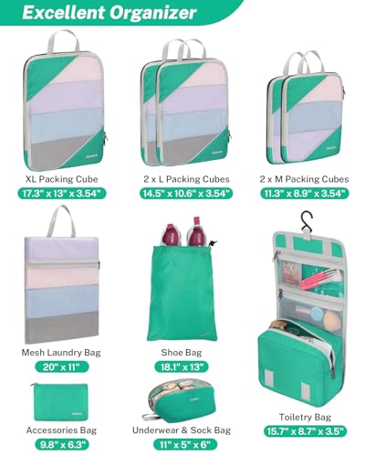 Compression Packing Cubes for Travel (Set of 10 / Green Turquoise)