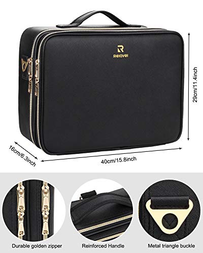 Makeup Case Large Makeup Bag Professional Train Case 16.5 inches Travel Cosmetic Organizer Brush Holder Waterproof Makeup Artist Storage Box (Large / Black Leather)