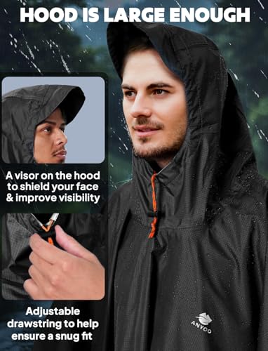 Hooded Rain Poncho for Adult Waterproof Lightweight Raincoat (Z-black(with Zipper))