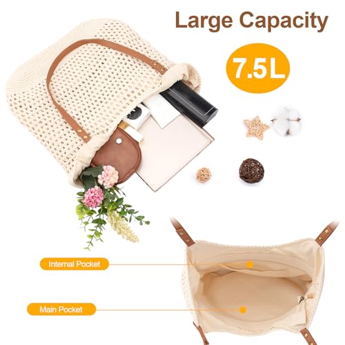 Crochet Beach Bag for Women Summer Purse Boho Small Tote (Khaki Bag)