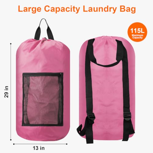 Laundry Backpack Portable Travel Laundry Bags with Straps and Mesh Pocket (Pink / 1 Pack)