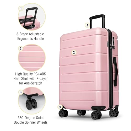 28 Inch Luggage with Wheels Hardshell Large Suitcase Lightweight Big Checked Luggage with TSA Lock Travel Rolling Suitcase for Women Men Pink (Light Pink / Checked-Large 28-Inch)
