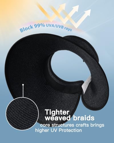 Womens Sun Hat with Ponytail Hole Wide Brim Beach Straw Visor Black (Medium / Black)