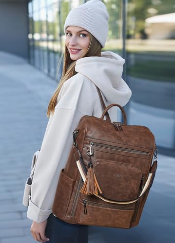 Vegan Leather Laptop Backpack for Women 15.6 inch Work Backpack Fashion Travel Backpack Purse for Business College (Crazy Horse Brown01)