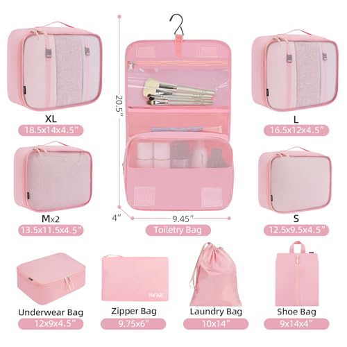 10 Set Packing Cubes Various Sizes Packing Organizer for Travel Accessories Luggage Carry On Suitcase (10-Pink / 10 Set-full Mesh)
