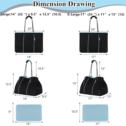 Neoprene Multipurpose Beach Bag Tote with Inner Zipper Pocket (Pure Black / Large)