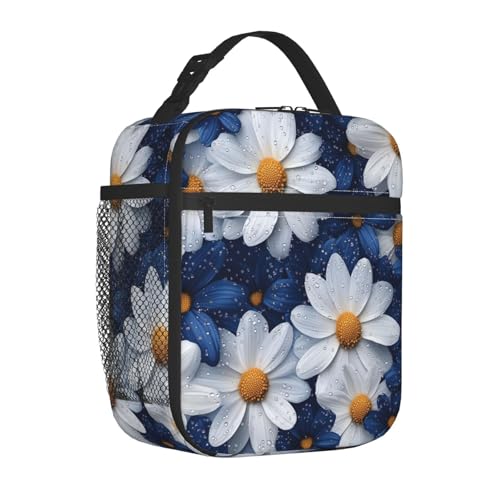 Elegant Daisy Insulated Lunch Box for Women Men White and Blue Flower Lunch Bag for Travel (Daisy02)