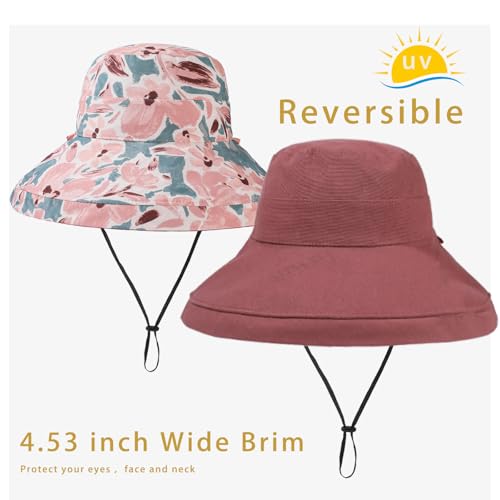 Womens Sun Hats Wide Brim Reversible Bucket Cotton Hat Packable Summer Travel Cap with Hat Clip (Medium / Red)