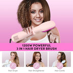 3 in 1 Hair Dryer Brush Straightener 1200W Negative Ionic Hot Air Brush One Step Blow Dryer and Styler for Straightening Drying Smoothing (Pink)