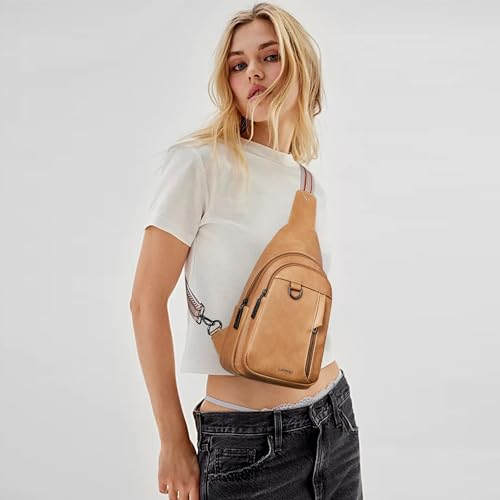 7L Sling Bag for Women Men Leather Small Sling Backpack Daypack Anti Theft Fanny Pack Crossbody Purse Travel (Regular Size-tan)