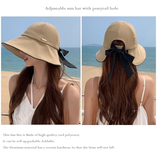 Wide Brim Hats for Woman Foldable Hats Sun Hats for Women uv Protection Bowknot Bucket hat Adjustable hat with Ponytail Hole Khaki (Khaki)