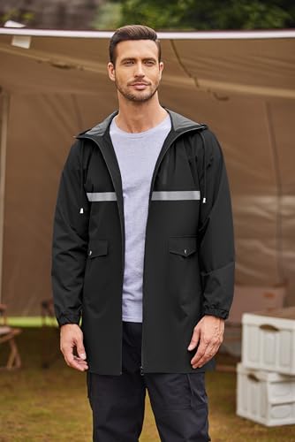 Men's Long Raincoats Lightweight Hooded Rain Jackets Waterproof Packable Outdoor Hiking Reflective Stripe Jacket (Silver Strip/Black / Small)