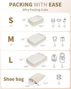6 Set Packing Cubes for Travel Durable Suitcase Organizer Bags Set with Personalized Tag Travel Essentials with Shoe Bag Traveling Accessories for Luggage Machine Washable (Set of 6 / No Compress-Beige)