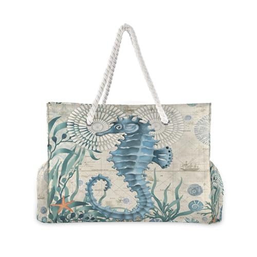 Large Beach Bags Totes Canvas Tote Shoulder Bag Soft Wave Water Resistant Bags for Gym Travel Daily Ocean (Ocean Seahorse Vintage)