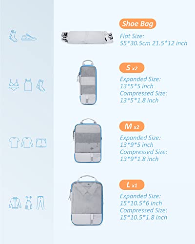 6 Set Compression Packing Cubes for Travel (White & Blue / Set of 6)