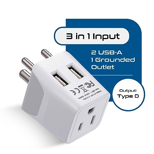 India, Nepal, Bangladesh Travel Adapter Plug with USB-A + USB-C - Type D - Usa Input - Ultra Compact - Safe Grounded Perfect for Cell Phones, Laptops, Camera (CTU-10) (Off White)