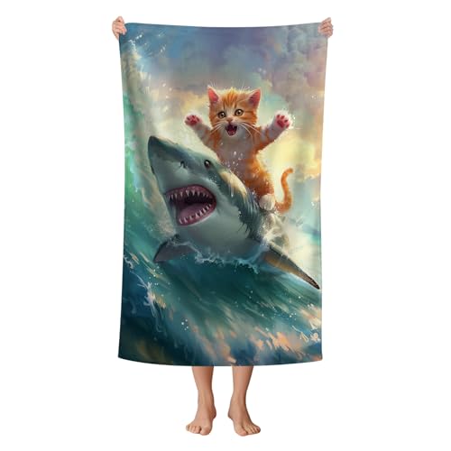 Cute Cat Beach Towel (Cat Ride Shark)